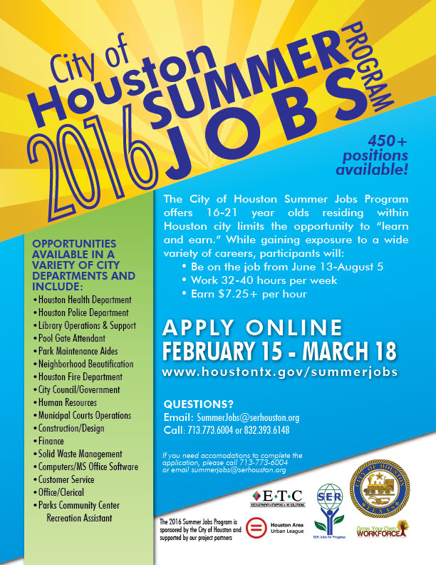 City of Houston 2016 Summer Jobs Program Now Accepting Applications